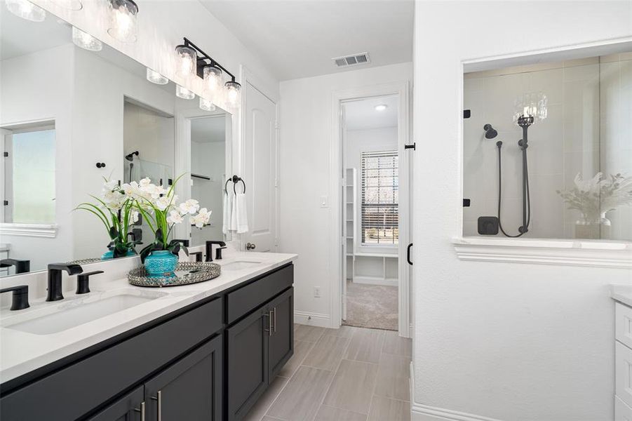 Primary with with enclosed shower, cabinets