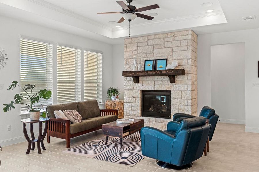 Cozy up by this gorgeous stone fireplace!