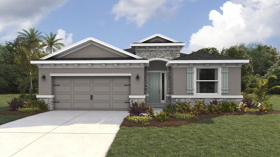 Front exterior of a new home in Oakfield Trails, Parrish, FL, highlighting curb appeal (Image 1). Front exterior of a new home in Oakfield Trails, Parrish, FL, highlighting curb appeal (Image 1).