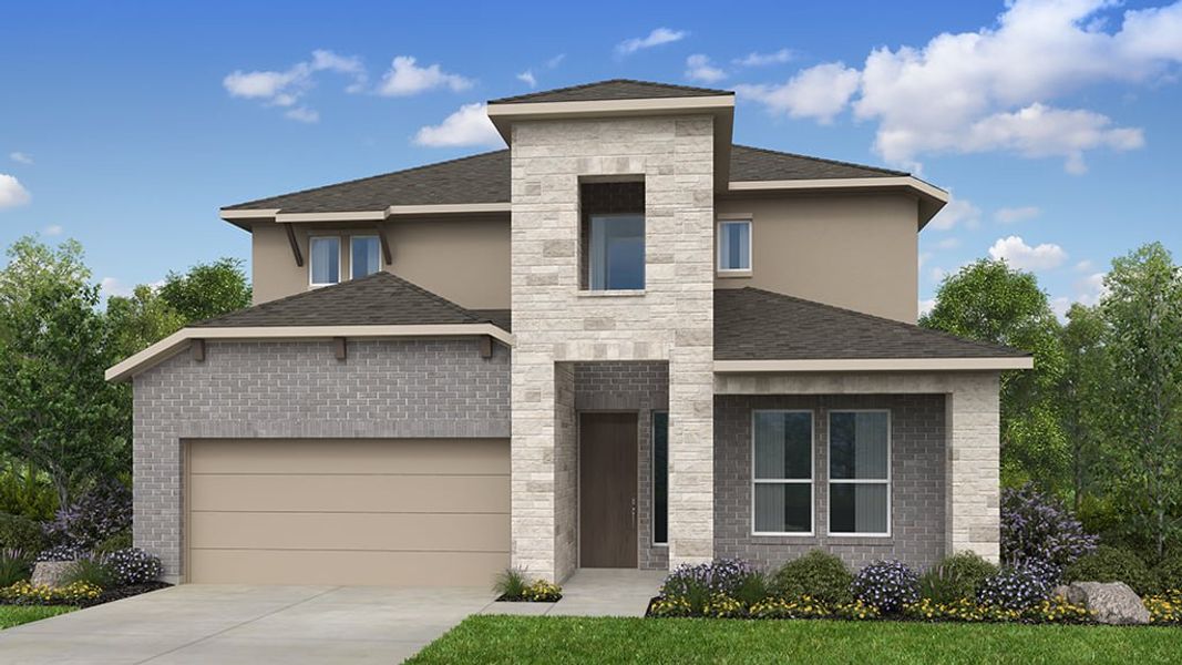 Representative exterior photo of a completed home built from the Piedmont by Taylor Morrison in Santa Rita Ranch, Liberty Hill, TX (Image 1). Representative exterior photo of a completed home built from the Piedmont by Taylor Morrison in Santa Rita Ranch, Liberty Hill, TX (Image 1).