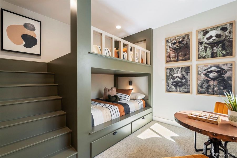Basement bedroom with built in bunk beds