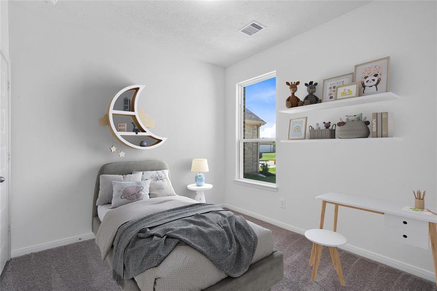 Secondary bedroom features plush carpet, neutral paint, lighting, large window with privacy blinds and ample sized closet space.