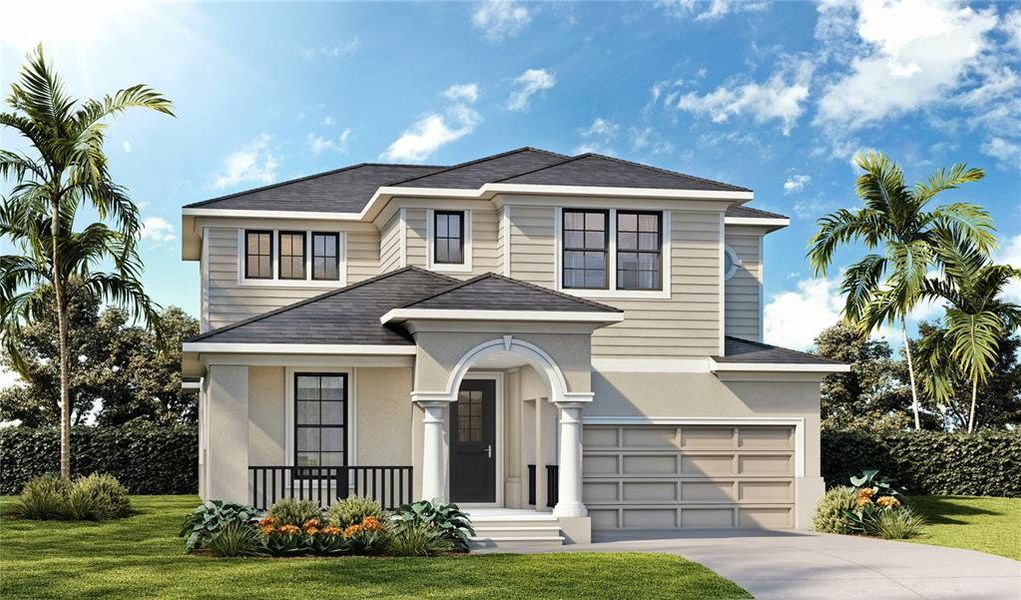 Front exterior of a new home in Primrose at Longleaf, New Port Richey, FL, highlighting curb appeal (Image 1). Front exterior of a new home in Primrose at Longleaf, New Port Richey, FL, highlighting curb appeal (Image 1).