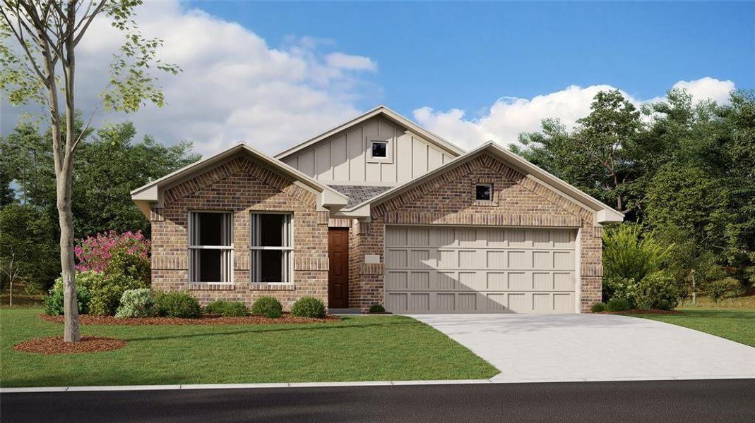 View of front facade featuring a garage and a front lawn