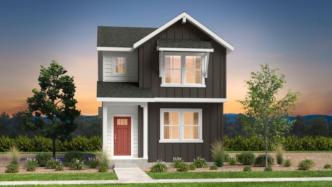 Front exterior of a new home in Sky Ranch, Watkins, CO, highlighting curb appeal (Image 1). Front exterior of a new home in Sky Ranch, Watkins, CO, highlighting curb appeal (Image 1).