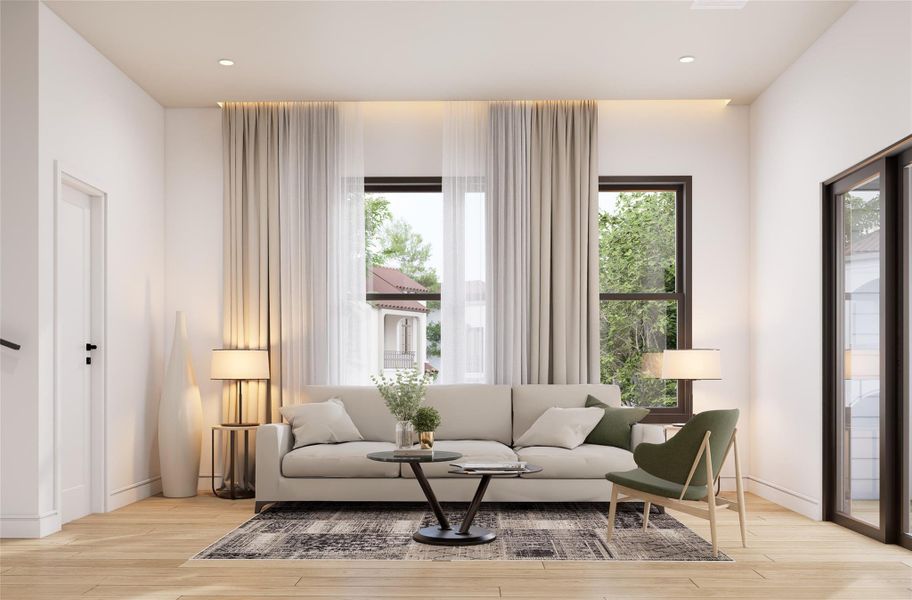 A bright and inviting living room with a modern design. It features large windows and a balcony which provide ample natural light. A bright and inviting living room with a modern design. It features large windows and a balcony which provide ample natural light.