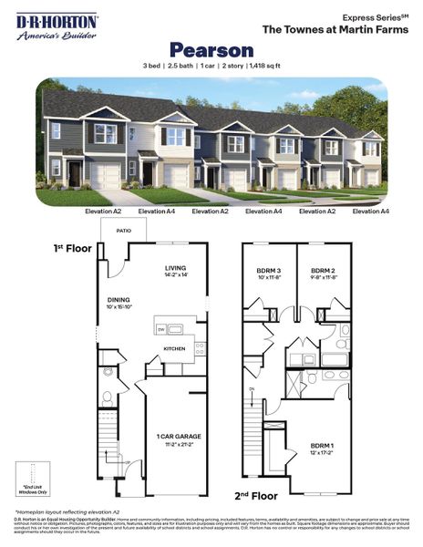 2D floor plan layout for the PEARSON by D.R. Horton in The Townes at Martin Farms, Aberdeen, NC (Image 3).
