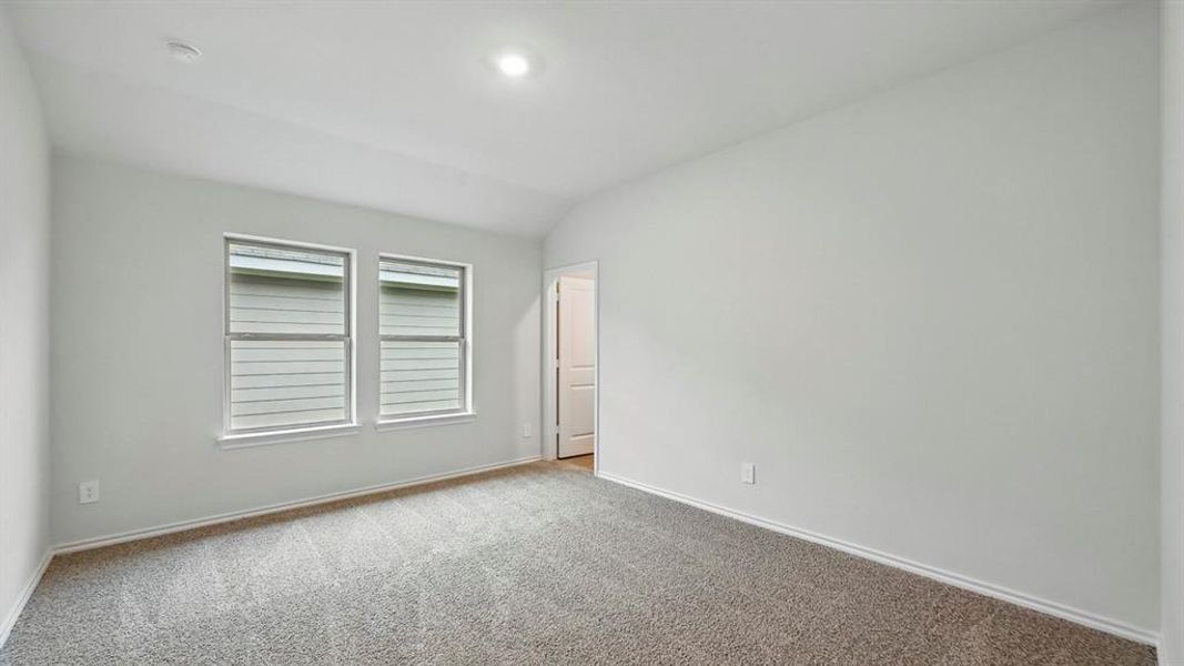 The room features a neutral gray carpet and two windows with white trim