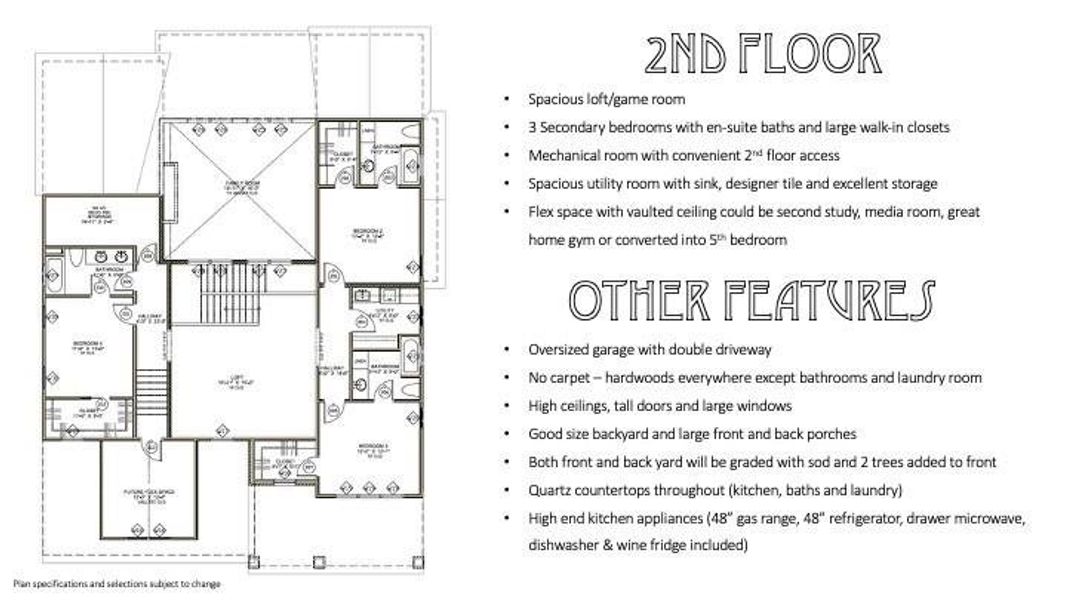 Second floor features 3 additional bedrooms with en suite bathrooms and walk in closets, game room, vaulted flex room, mechanical room (storage room) and  laundry room.