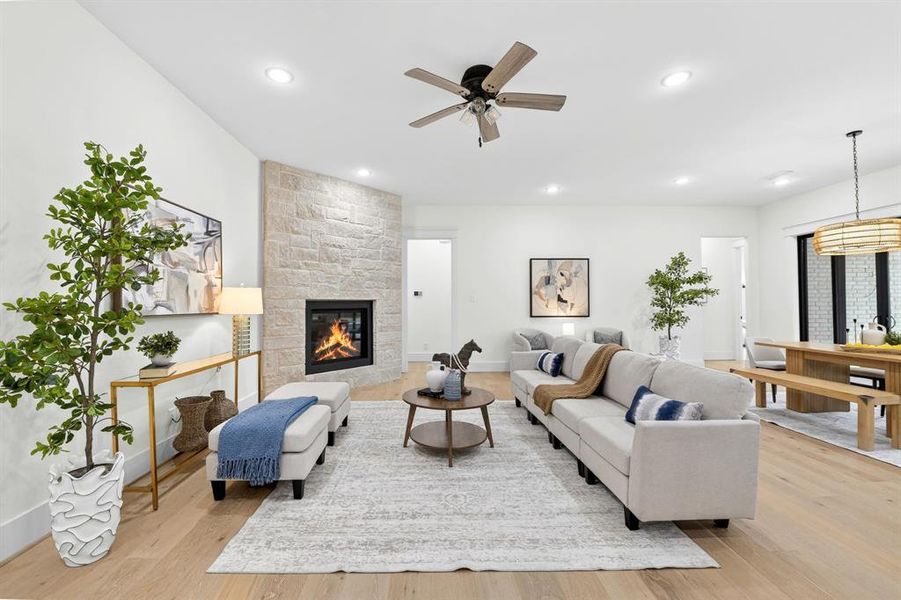 Close up view of the family room with cozy fireplace