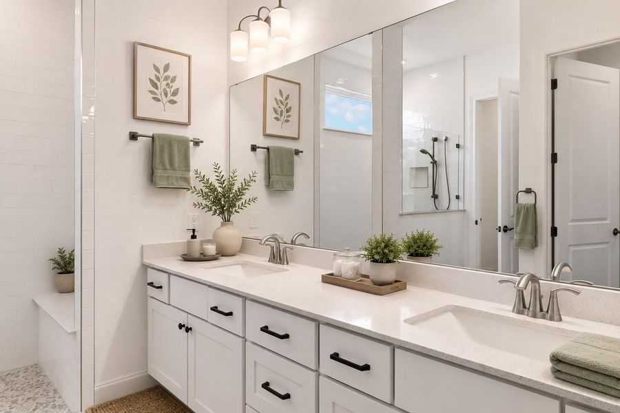 Virtually staged. Brightly illuminated, this bathroom offers a dual-sink vanity and a spacious glass-enclosed shower. Virtually staged. Brightly illuminated, this bathroom offers a dual-sink vanity and a spacious glass-enclosed shower.