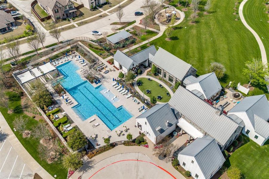 Aerial view of residential area with a pool