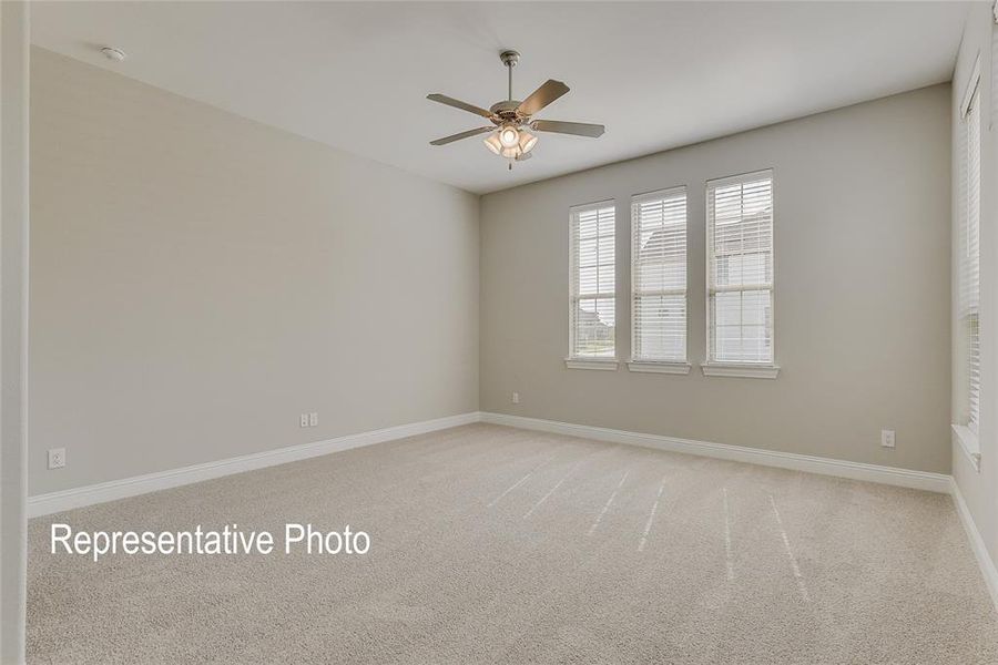 Spacious room featuring neutral carpeting, light-toned wall paint, and white baseboards