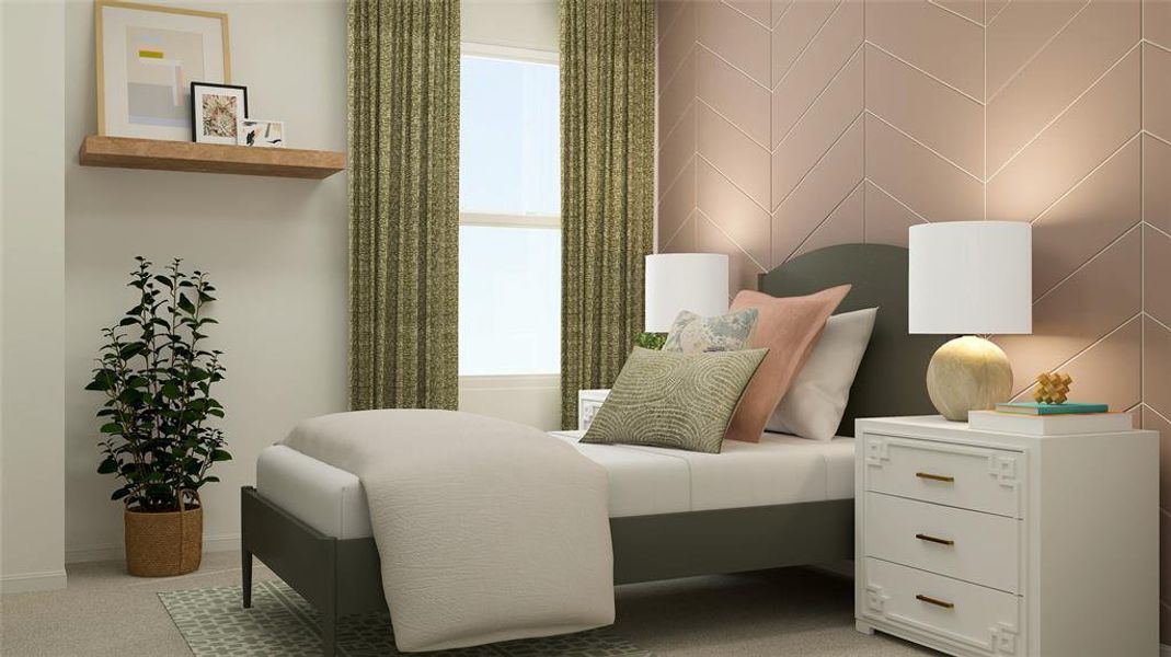 Sitting room featuring light colored carpet and tile walls