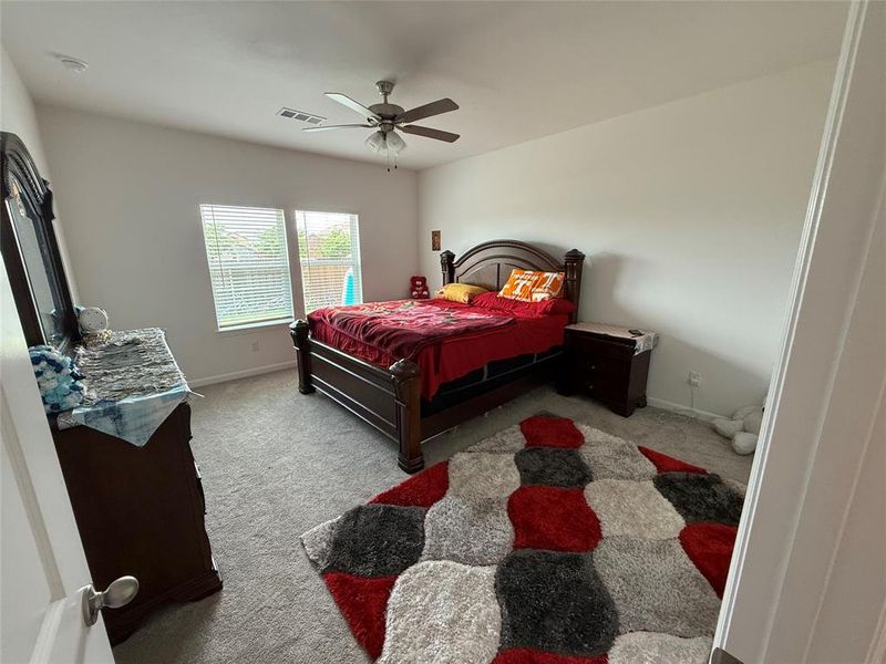 Carpeted bedroom featuring two windows with horizontal blinds, a ceiling fan with integrated lighting, and white painted walls