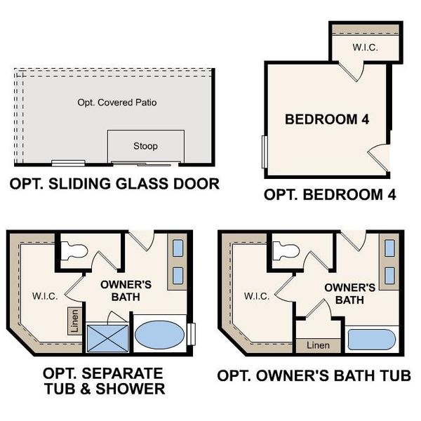 Detailed floor plan illustrating various structural options including an optional patio, bedroom, and bath configurations. Detailed floor plan illustrating various structural options including an optional patio, bedroom, and bath configurations.