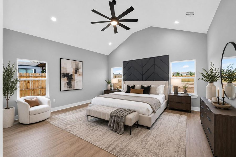 Large primary retreat designed for comfort and privacy. Virtually staged. Large primary retreat designed for comfort and privacy. Virtually staged.