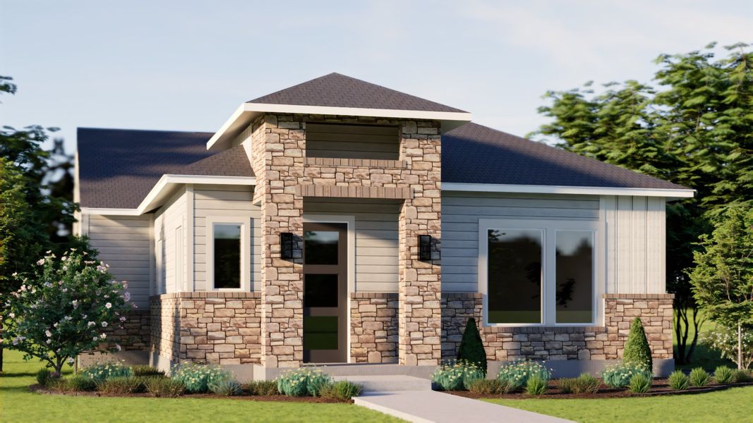 Representative exterior photo of a completed home built from the Acadia by Pacesetter Homes in Easton Park, Austin, TX (Image 1). Representative exterior photo of a completed home built from the Acadia by Pacesetter Homes in Easton Park, Austin, TX (Image 1).