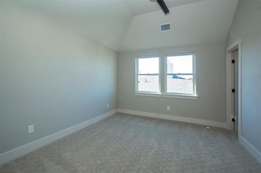 Spare room featuring carpet flooring and lofted ceiling