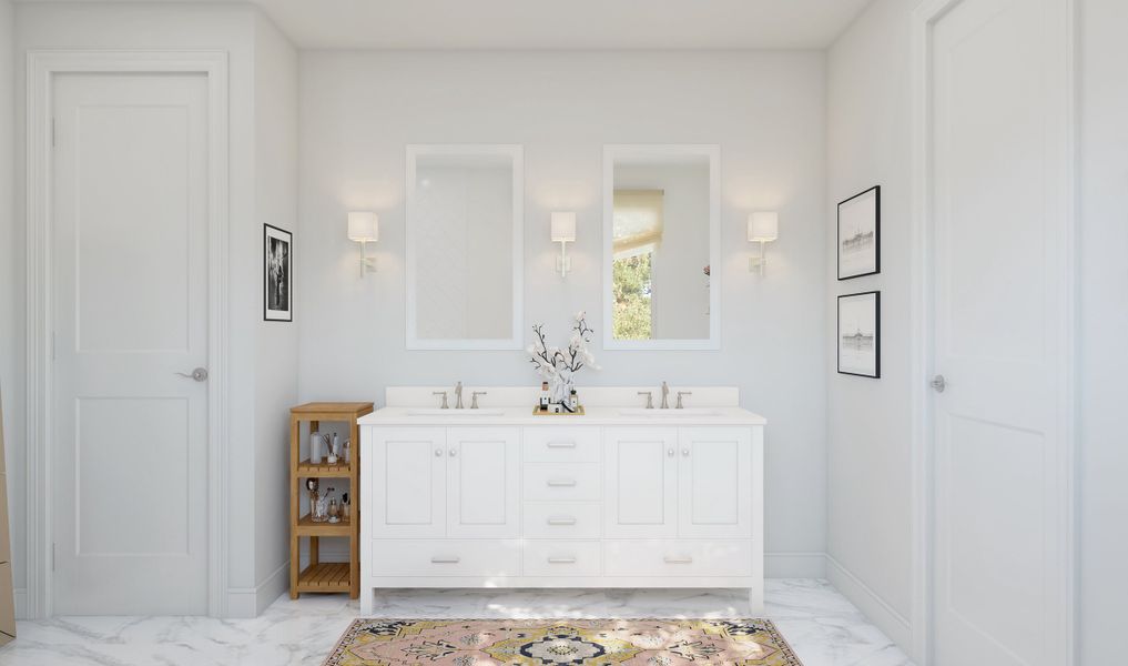 Primary bath with dual sinks and white-framed mirrors Primary bath with dual sinks and white-framed mirrors