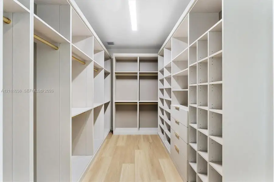 Walk-in closet featuring extensive built-in shelving, integrated dresser drawers, brass-tone hanging rods, and wood-finish flooring