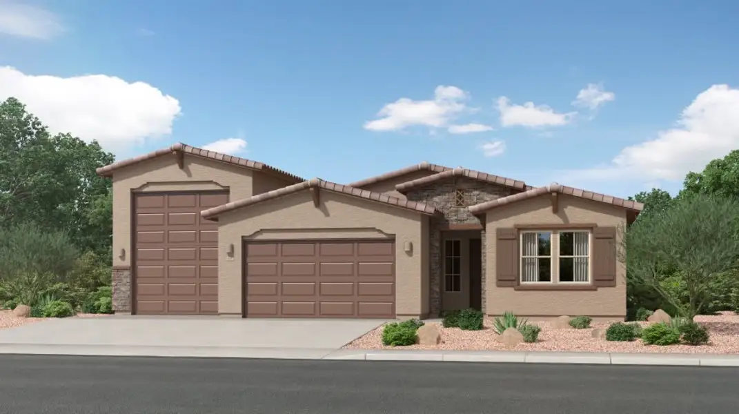 Front exterior of a new home in Los Saguaros, Marana, AZ, highlighting curb appeal (Image 1).
