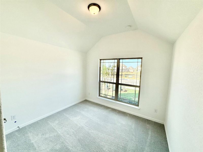 Carpeted empty room featuring lofted ceiling and baseboards