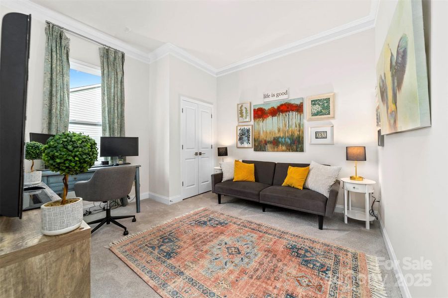 Secondary bedroom on main level utilized as a home office/den