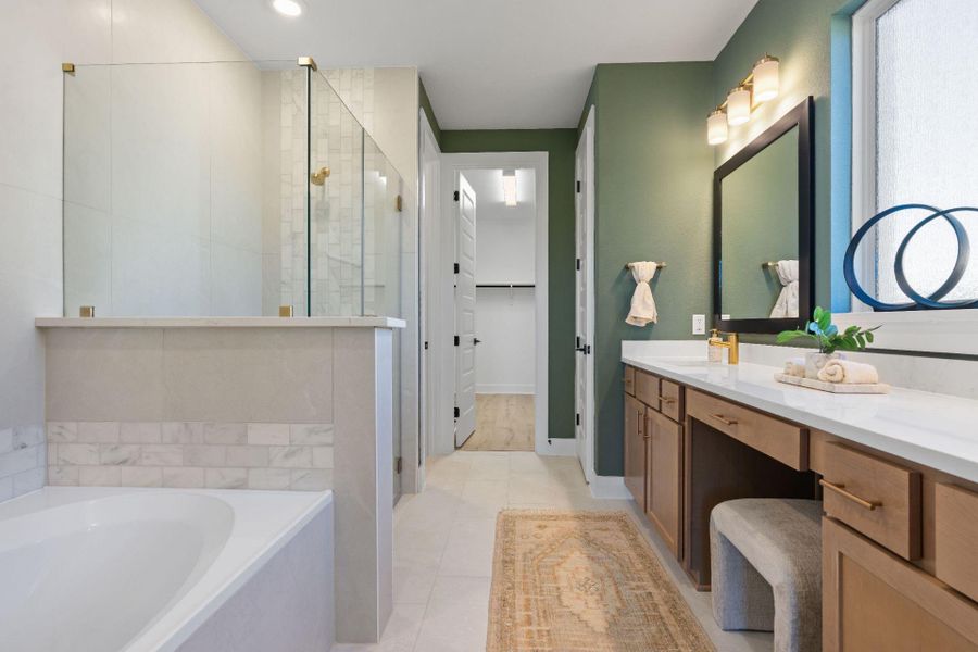Primary Bath retreat with dual vanities, garden tub & walk-in shower