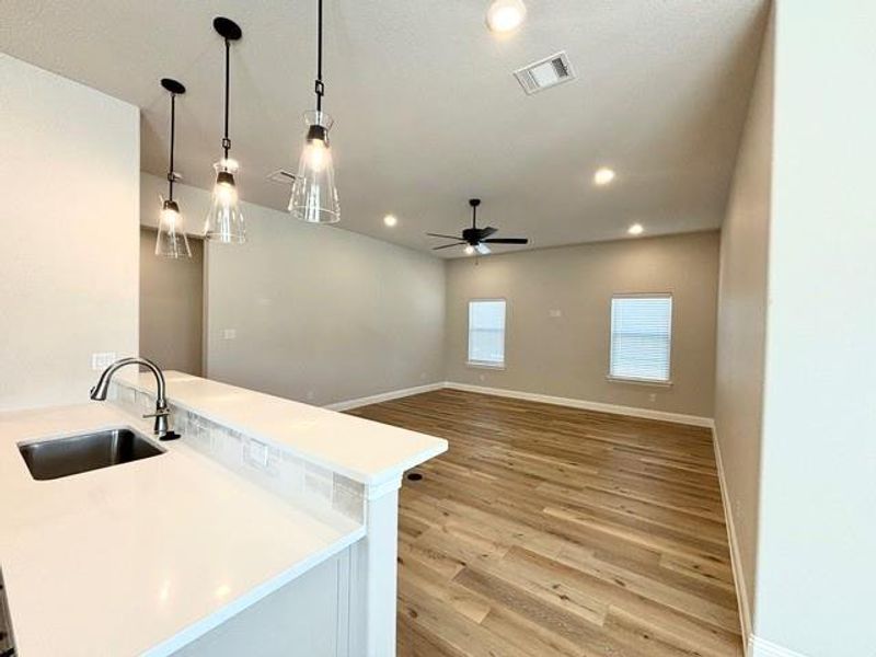 Kitchen featuring ceiling fan, light hardwood / wood-style flooring, hanging light fixtures, and sink