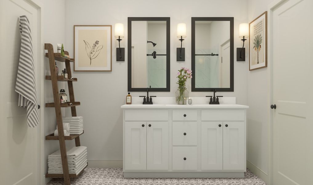 Primary bath with dual sinks and matte black fixtures