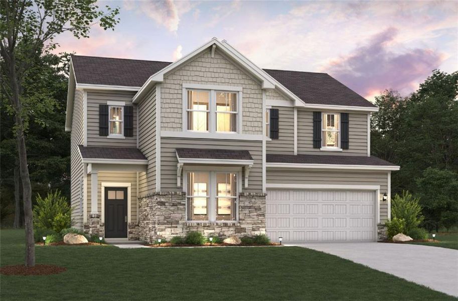 Front exterior of a new home in Belleview Manor, Fairburn, GA, highlighting curb appeal (Image 2). Front exterior of a new home in Belleview Manor, Fairburn, GA, highlighting curb appeal (Image 2).