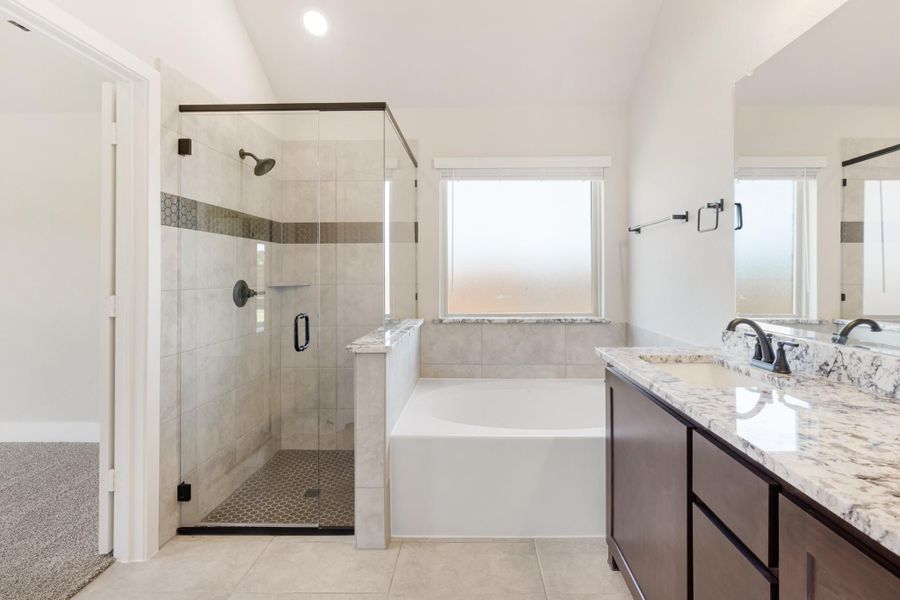 Master bathroom with glass walk-in shower, soaking tub, and dark wood vanity with granite countertop