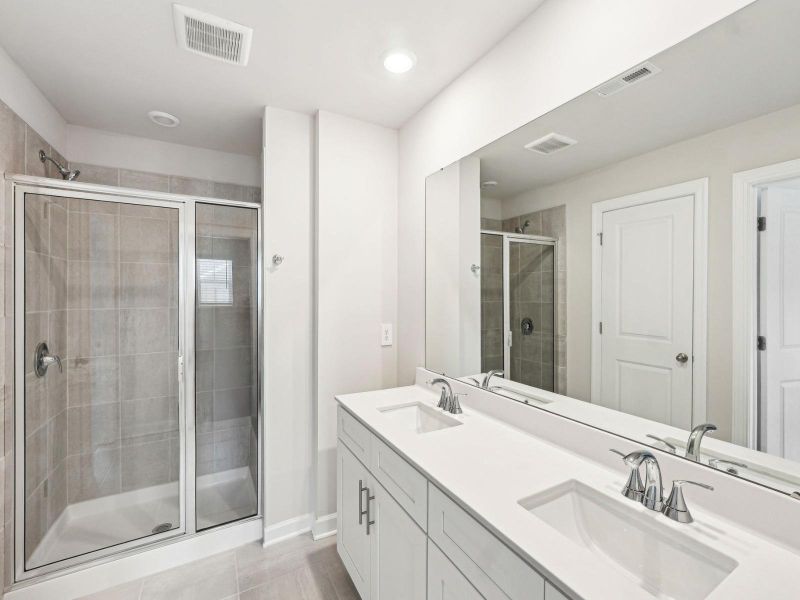 The double-sink vanity and walk-in shower turns this primary bathroom into a spa.