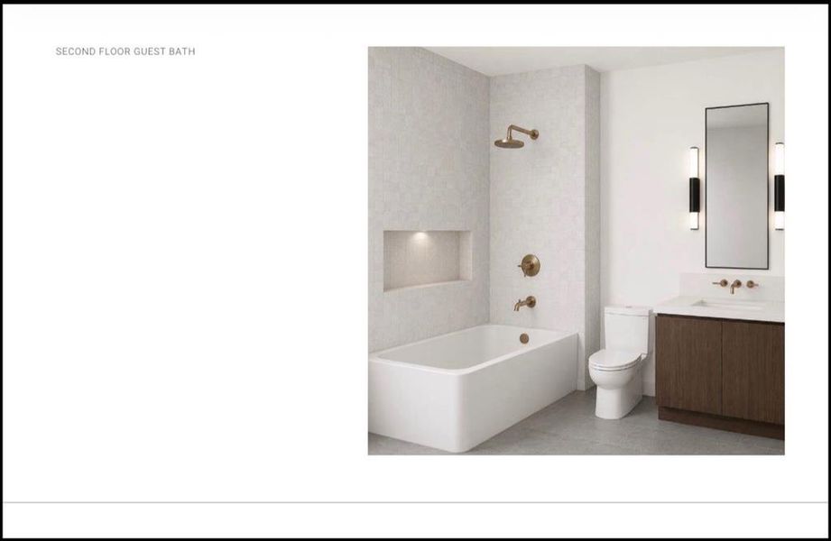 Bathroom featuring a built-in tub with brass fixtures, an illuminated shower niche, and light-toned wall tiling