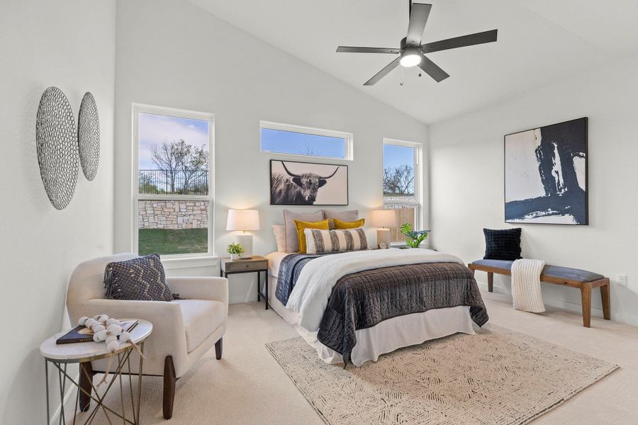 Carpeted bedroom with lofted ceiling and ceiling fan