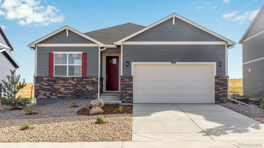 Front exterior of a new home in Brighton Crossing, Brighton, CO, highlighting curb appeal (Image 1). Front exterior of a new home in Brighton Crossing, Brighton, CO, highlighting curb appeal (Image 1).