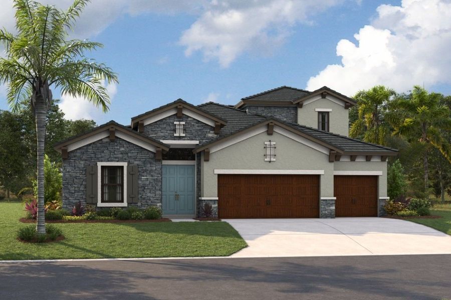 Representative exterior photo of a completed home built from the Biscayne II by Homes by WestBay in Two Rivers, Zephyrhills, FL (Image 1).
