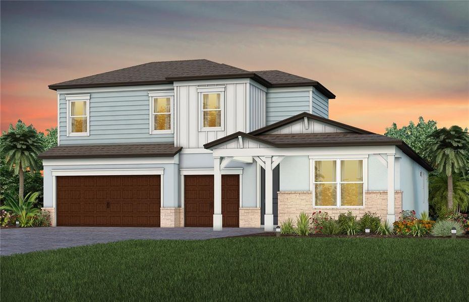 Front exterior of a new home in Vida's Way, Wesley Chapel, FL, highlighting curb appeal (Image 1). Front exterior of a new home in Vida's Way, Wesley Chapel, FL, highlighting curb appeal (Image 1).