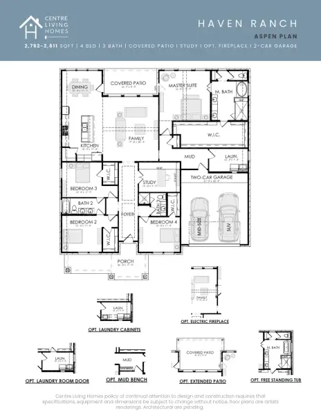 2D floor plan layout for the Aspen by Centre Living Homes in Haven Ranch, Waxahachie, TX (Image 3).