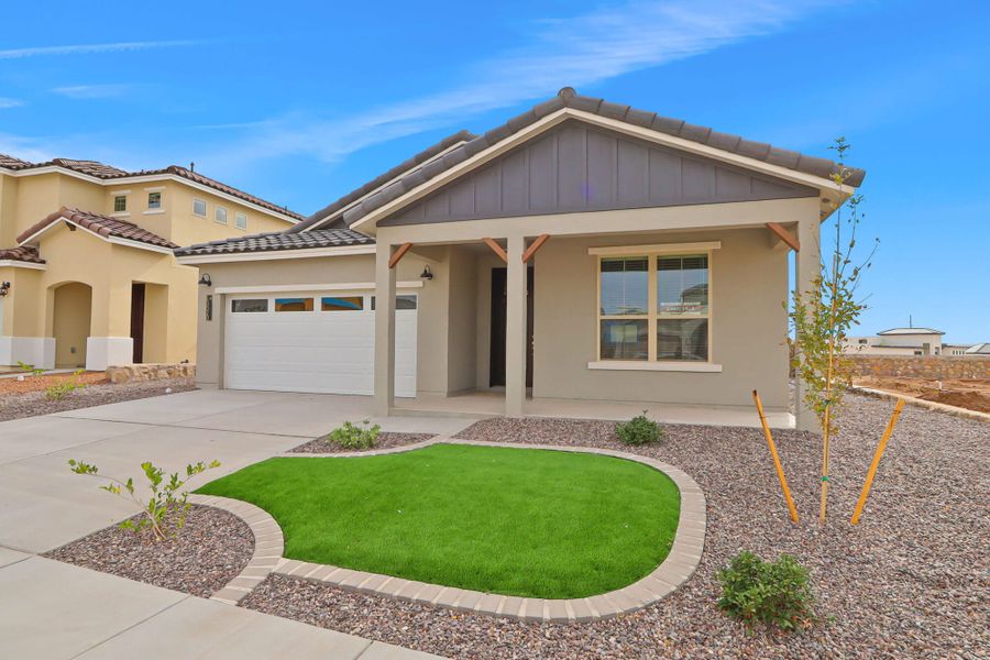 Front exterior of a new home in Emerald Estates, Horizon City, TX, highlighting curb appeal (Image 2).