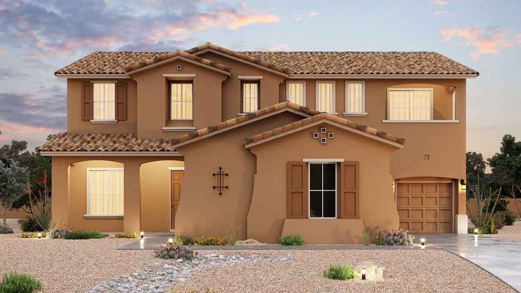 Representative exterior photo of a completed home built from the Valencia by Brightland Homes in Arroyo Seco - Palazzo, Buckeye, AZ (Image 1). Representative exterior photo of a completed home built from the Valencia by Brightland Homes in Arroyo Seco - Palazzo, Buckeye, AZ (Image 1).