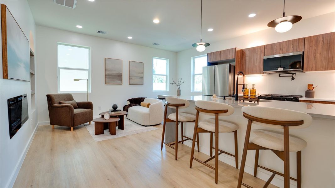 This is a modern open-concept living space
