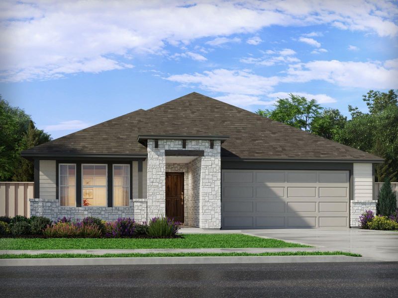 Front exterior of a new home in Colony at Cole Springs - Boulevard Collection, Buda, TX, highlighting curb appeal (Image 1). Front exterior of a new home in Colony at Cole Springs - Boulevard Collection, Buda, TX, highlighting curb appeal (Image 1).