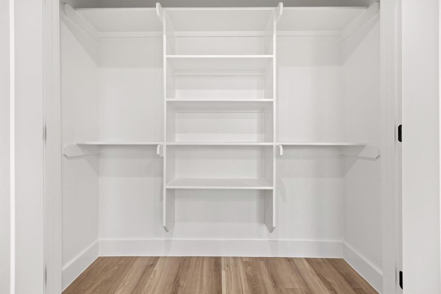 Walk in closet with light wood-type flooring
