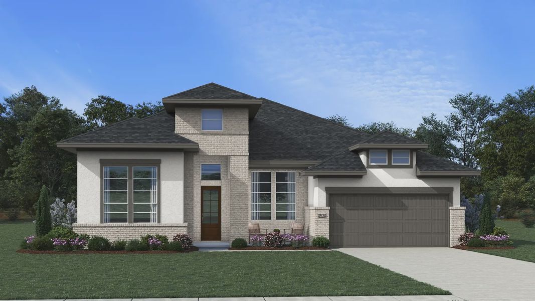 Representative exterior photo of a completed home built from the Malani by Chesmar Homes in Meridiana 60's, Iowa Colony, TX (Image 3). Representative exterior photo of a completed home built from the Malani by Chesmar Homes in Meridiana 60's, Iowa Colony, TX (Image 3).
