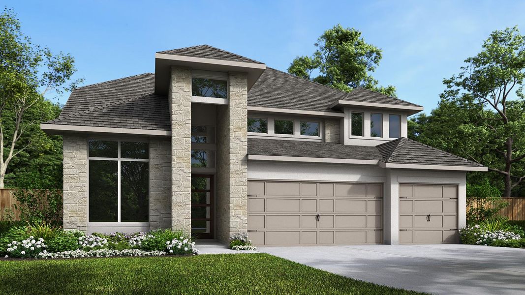 Front exterior of a new home in Bridgeland, Cypress, TX, highlighting curb appeal (Image 1). Front exterior of a new home in Bridgeland, Cypress, TX, highlighting curb appeal (Image 1).