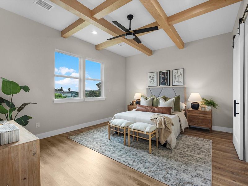 As you enter the primary bedroom, you are welcomed by an expansive space filledwith natural light, setting the perfect tone of bliss to start your day. As you enter the primary bedroom, you are welcomed by an expansive space filledwith natural light, setting the perfect tone of bliss to start your day.