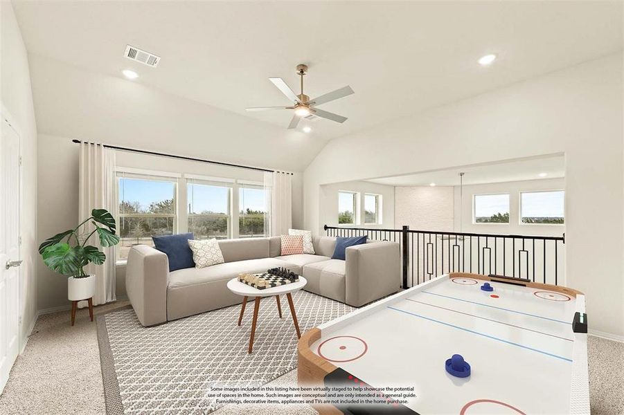 Recreation room with carpet flooring, vaulted ceiling, healthy amount of natural light, a ceiling fan, and recessed lighting