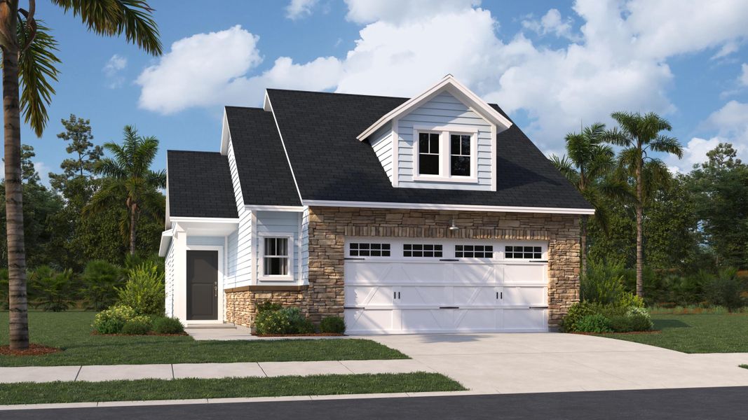 Front exterior of a new home in Horizons at Carnes Crossroads | 55+: Cottage Collection, Summerville, SC, highlighting curb appeal (Image 9). Front exterior of a new home in Horizons at Carnes Crossroads | 55+: Cottage Collection, Summerville, SC, highlighting curb appeal (Image 9).